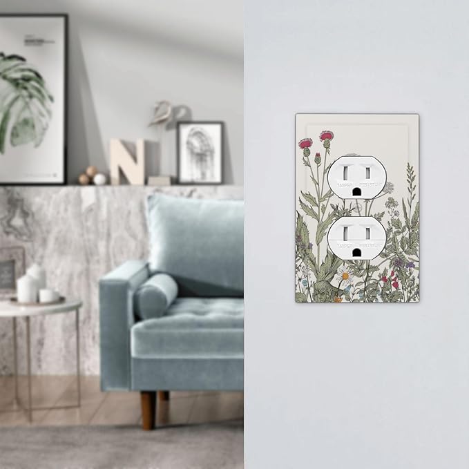 Rustic Country Floral Flowers Blossom Botanical Plant Herbs Wildflower 1 Gang Electrical Device Duplex Receptacle Light Switch Outlet Cover Wall Plate Electric Plug Socket Cover Decorative Switchplate