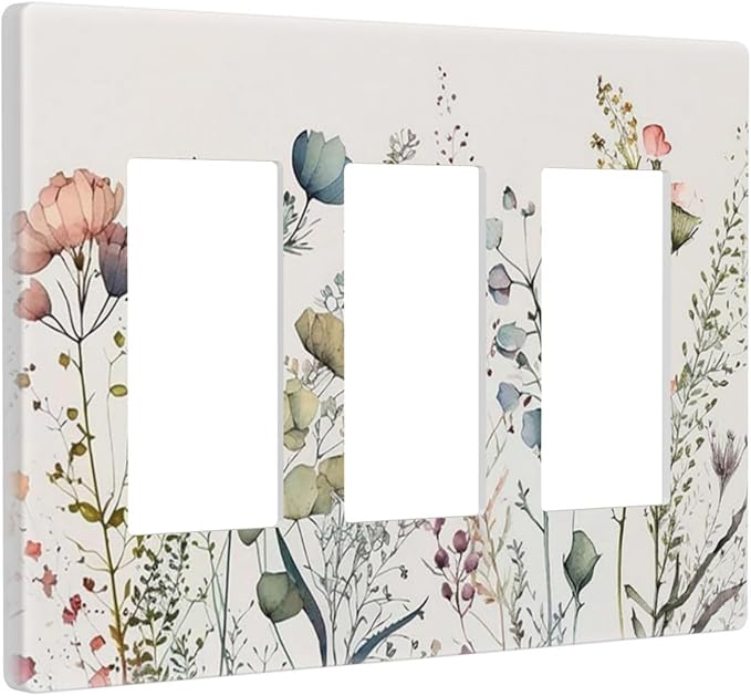 Decorative Flowered Art Triple Decorator Outlet Light Switch Cover 3 Gang Tan/Beige Butterfly Floral, Watercolor Blossom Spring Wild flower GFCI/Rocker Wallplate Electric Switchplate Dimmer Screwless