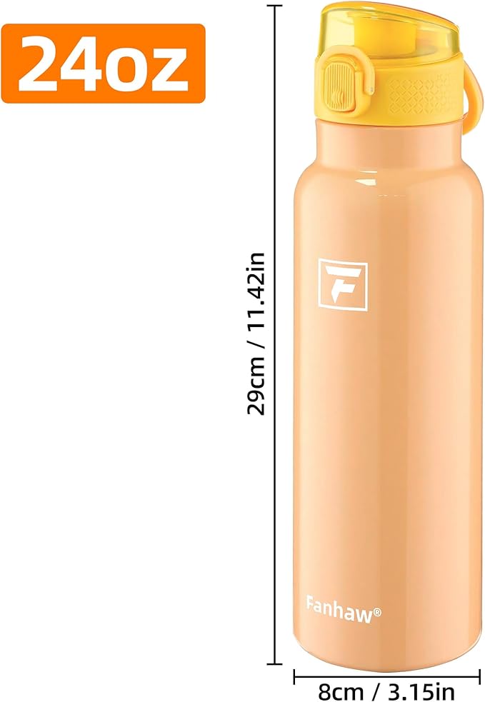 Fanhaw Daylite Series 24 oz Stainless Steel Insulated Water Bottle with Silicone Spout Lid, Double-Wall Vacuum Leakproof Metal Bottle, Anniversary Birthday Gift for Kids, Women & Men (Saffron Yellow)