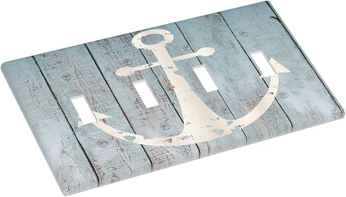 Anchor Rustic Sailing Nautical Wooden Planks Marine Light Switch Covers Quad Toggle Electrical Faceplate 4 Gang Wall Plate Decorative Switch Plates Cover for Bathroom Farmhouse Decor