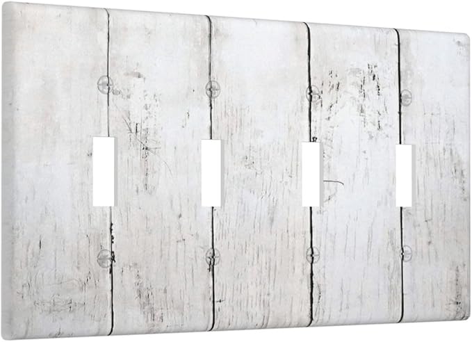 Modern Rustic Wood White Oak Print Light Switch Covers Quad Toggle Electrical Faceplate 4 Gang Wall Plate Decorative Switch Plates Cover for Farmhouse Home Decor
