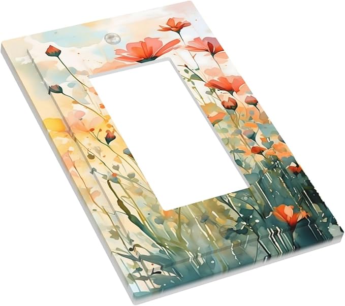 Vintage Red Orange Yellow Poppy Floral Flowers Decorative Outlet Covers 1 Gang Single Rocker Light Switch Cover Plate Wall Plates GFCI Faceplate for Bedroom Living Room Decor
