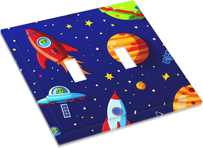 Planets, Rockets & Aliens Double Toggle Switch Cover - 2-Gang Standard US Size Astronaut Cosmic Adventure Light Switch Covers for Boy's Bedroom Decor