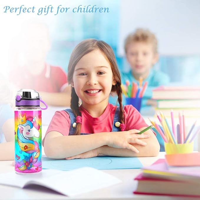 Home Tune Cute Water Bottle for School Kids Girls, BPA FREE Tritan & Leak Proof & Easy Clean & Carry Handle, 23oz/ 680ml - Unicorn