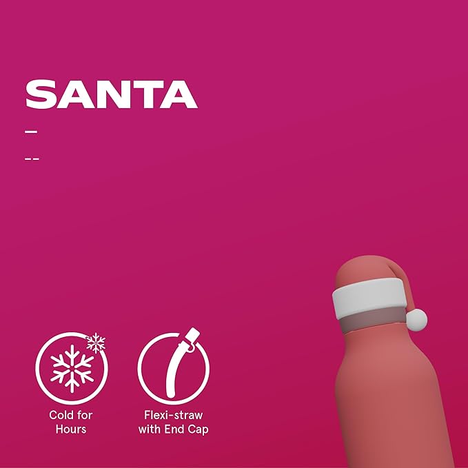 asobu Bestie Bottle Insulated Stainless Steel Water Bottle with Detachable Soft Animal Head Fun Drinking For Kids and Teens with Flexible Reusable Straw 16 Ounce (Santa)