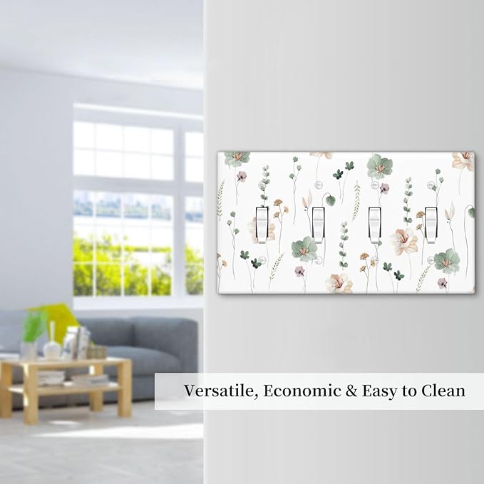 Light Switch Covers Watercolor Floral Botanical Flowers Quad Toggle Electrical Faceplate 4 Gang Wall Plate Decorative Switch Plates For Living Room Bed Room Decor