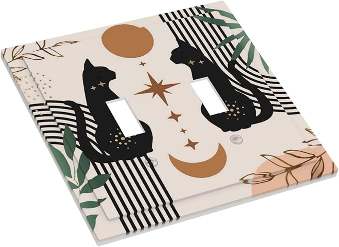 Witchy Mystic Gothic Funny Boho Mid Century Black Cute Cat Moon Phase Abstract Leaf 2 Gang Electrical Double Toggle Outlet Light Switch Wall Plate Decorative Receptacle Face Switchplate Cover Mid Size