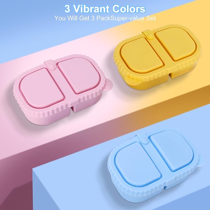 3 Pack Reusable Silicone Snack Containers with Lids, Mini Containers 2 Compartments, Portable Silicone Food Storage Box for Picnic, School lunch, adults Offic, party