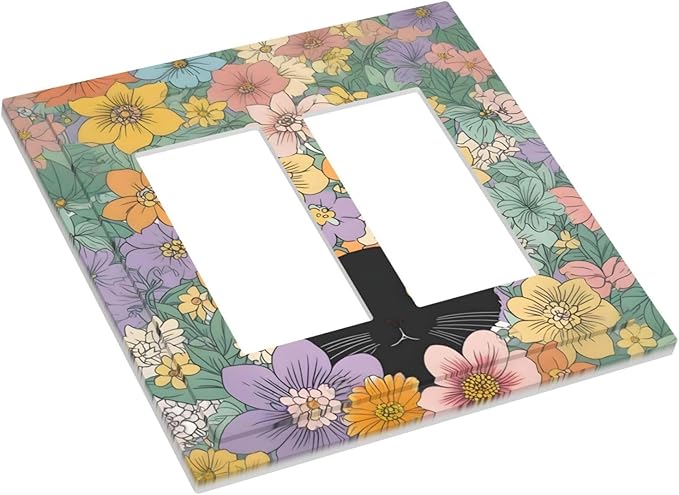 Decorative Outlet Covers Funny Cute Cartoon Cat Floral Colorful Flower 2 Gang Double Gfci Rocker Electrical Wall Panels Light Switch Cover Plate For Kids Room Nursery Decor