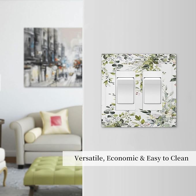 Eucalyptus Sage Green Leaf Plant Floral Decorative Outlet Covers 2 Gang Double GFCI Rocker Electrical Wall Panels Light Switch Cover Plate for Bedroom Living Room Decor