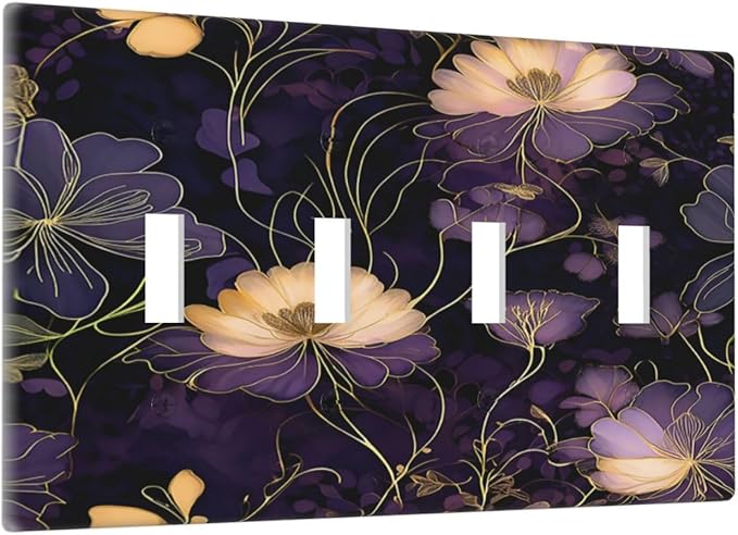 Modern Boho Vintage Gold Purple Dark Floral Modern Abstract Flowers Light Switch Covers Quad Toggle 4 Gang Wall Plate Decorative Switch Plates Electrical Faceplate for Bedroom Living Room Decor