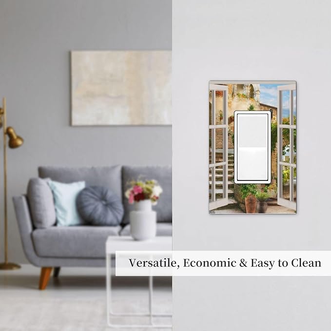 Mediterranean Greece Scene Flowers 1 Gang Light Switch Cover Single Rocker/Gfci Device Decorative Wall Plate Standard Size Receptacle Italian Town from Another Window Outlet Cover Plates Art Decor
