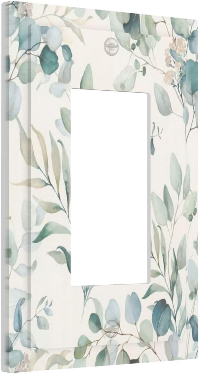 Boho Green White Eucalyptus Leaf Floral Decorative Outlet Covers 1 Gang Single Rocker Light Switch Cover Plate Wall Plates GFCI Faceplate for Farmhouse Living Room Decor