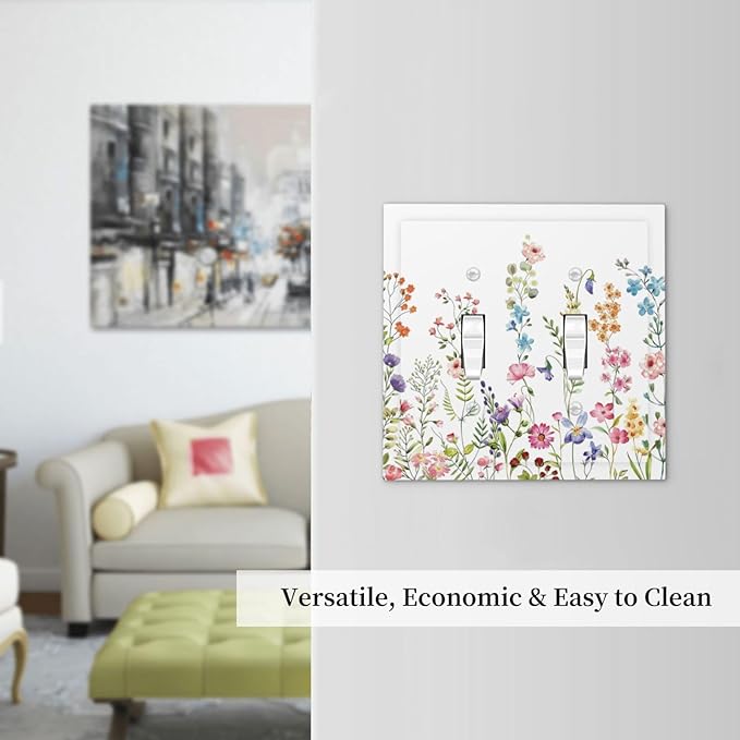Boho Watercolor Wildflowers Floral Plants Flower Decorative Switch Plates 2 Gang Double Toggle Outlet Light Switch Cover Wall Plate Electrical Faceplate for Bedroom Living Room Decor