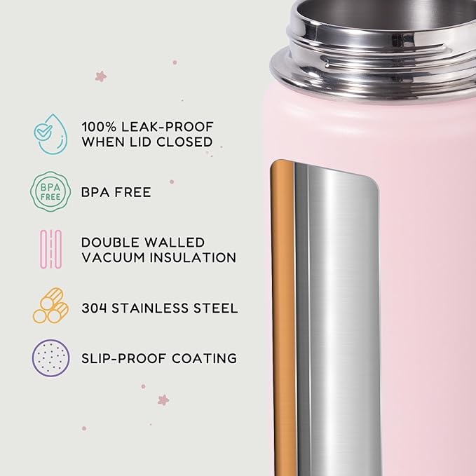Fijinhom 12oz Kids Water Bottle for School, Toddler Bottles with Straws, Stainless Steel Vacuum Insulated Water Bottle for Boys&Girls, Leak-Proof, BPA-Free, Pink