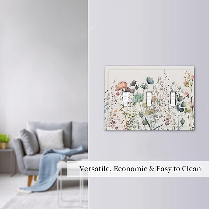Spring Garden WildFlower Blossom Triple Toggle Device Switch Wall Plate 3-Gang Light Switch Cover Tan/Beige Flower Boho Floral Bontay Sage Herb Decorative Decorator Wallplate Switchplate Room Decorate