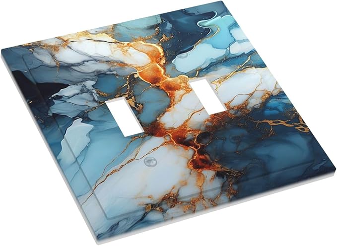 Light Switch Cover Plate Golden Abstract Luxury Marble 2 Gang Double Toggle Decorative Switch Plates Wall Plates Electrical Faceplate for Livingroom Bathroom Decor