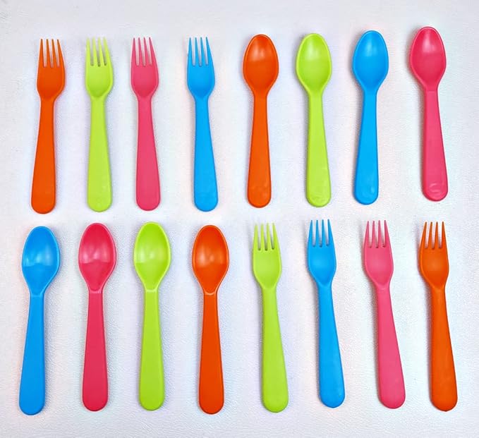 Jawbush 16 Pcs Kids Utensils, Plastic Kids Forks and Spoons, Reusable Toddler Utensils, Durable Flatware Set for Lunch Box, Easy to Use, BPA Free