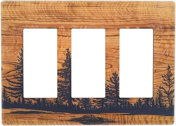 Country Farm Forest Pine Tree Woodland Woods Wooden Board Screwless Decorator Wall Plates Mid-Size 3-Gang Triple Rocker Outlet Light Switch Cover Plate for Dimmer, GFCI, USB Receptacle Faceplate Cover
