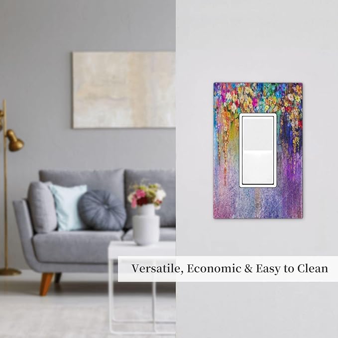 Colorful Floral Watercolor Flower 1 Gang Rocker Light Switch Plate Purple Garden Single Decora Outlet Wall Plate Cover Faceplate Decorative Switchplate GFCI for Farmhouse Bathroom Bedroom Decorate