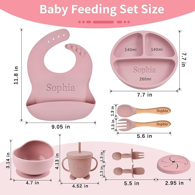 Personalized Silicone Suction Plates for Baby，Custom Toddlers Spoon and Fork, Baby Feeding Set with Name,Baby Birthday Gift for Boy & Girl (grey)