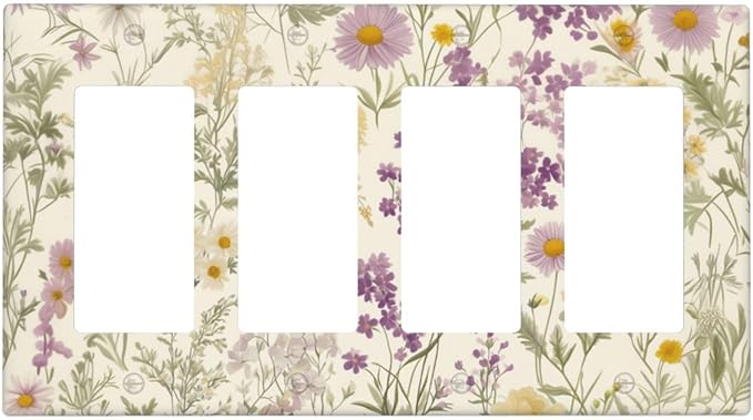 Watercolor Floral Leaves 4 Gang Light Switch Cover Plate Small Purple Flowers Daisies Quad Rocker Outlet Covers Switchplates Decorative Electrical Faceplate for Bedroom Kitchen Living Room Decor