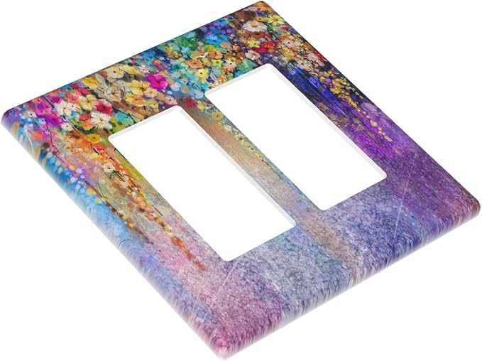 Colorful Floral Watercolor Flower 2 Gang Rocker Decora Light Switch Cover Decorative Purple Outlet Covers Wall Plate Electrical Faceplate Switchcovers GFCI for Farmhouse Bathroom Bedroom Decor