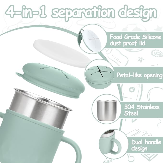 Toddler Snack Containers Stainless Steel Spill-Proof Snack Containers for Toddlers with Spill-Proof Silicone Lids and Handles 4-in-1 Baby Snack Cup is Dishwasher Safe for Easy use On The Go（Green）