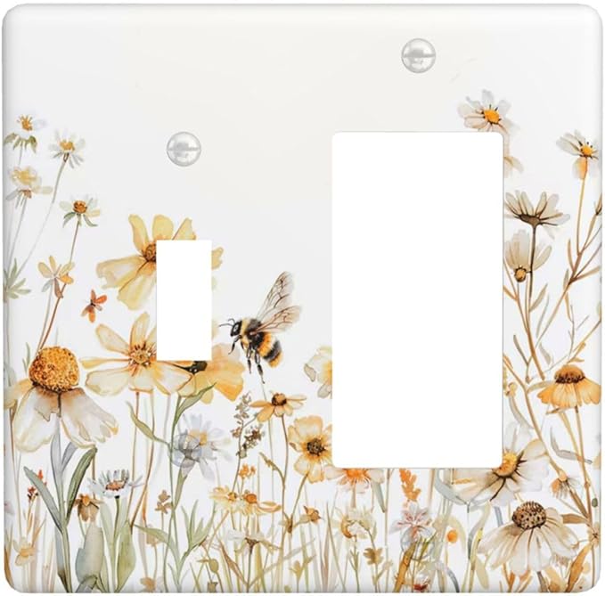 Yellow White Daisy Floral Bee Wild Flower Outlet Covers 1 Toggle 1 Rocker Combination Decorative Wall Plate Electrical Switch Plates Light Switch Cover Plate for Bedroom Living Room Decor