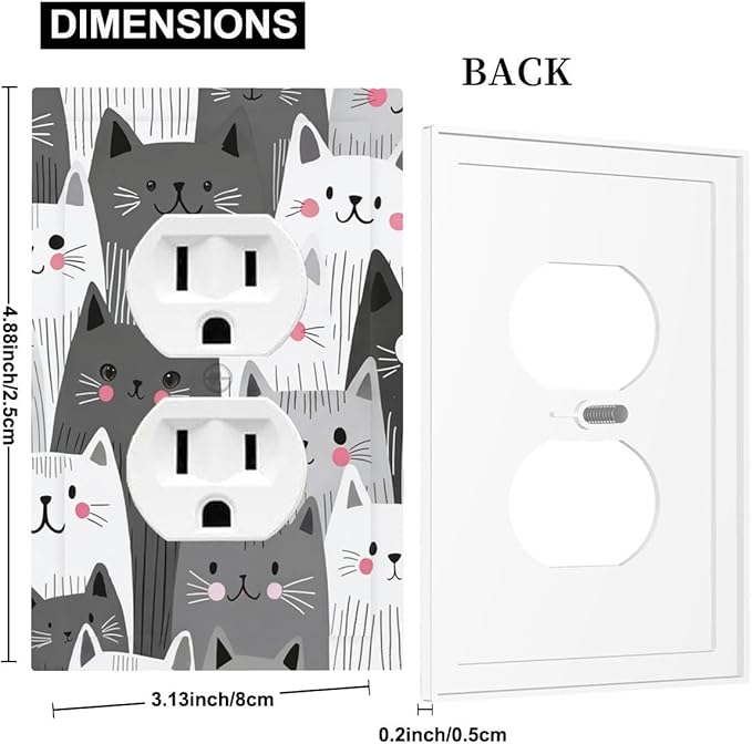 Playful Monochrome Cats with Blush Cheeks Duplex Wall Plate - 1-Gang Standard US Size Cat Lover's Fun Outlet Covers for Boys & Girls Room Decor