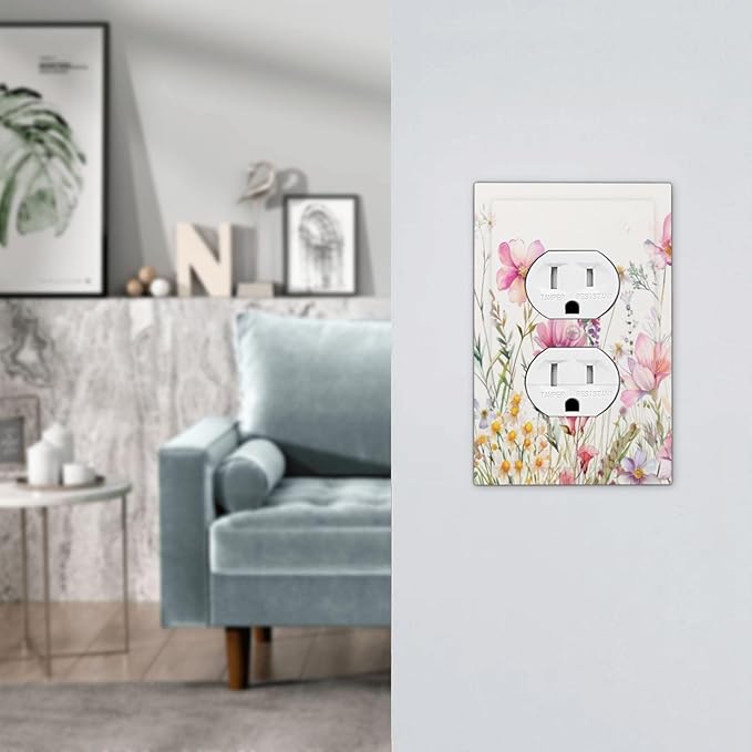 Pink Floral Wild Flowers Watercolor Plants Outlet Covers 1 Gang Duplex Light Switch Cover Decorative Switch Plates Electrical Receptacle Faceplate Wall Plate for Bedroom Living Room Decor