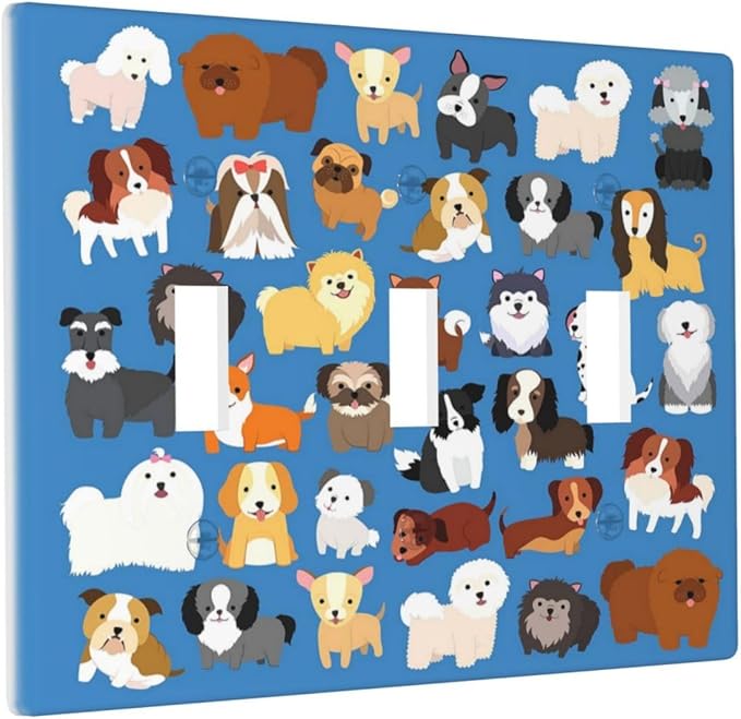 Cute Animal Dogs Puppy Decorative Outlet Cover Triple Toggle Light Switch Plate Cover Electricity Receptacles Plates For Home Kitchen Living Bedroom 6.38 * 4.5
