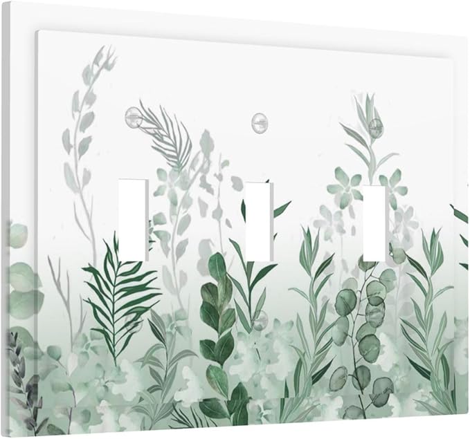 Watercolor Green Leaf Rustic Plant Eucalyptus Flowers Decorative Switch Plates 3 Gang Wall Plate Triple Toggle Light Switch Cover Faceplate Electrical Wall Panels for Bed Room Living Room Decor