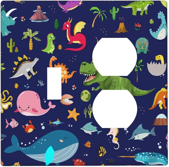 Cartoon Funny Cool Fun Navy Blue Dinosaur 2-Gang 1-Toggle 1-Duplex Device Combination Wallplate Ocean Whale Seahorse Animal One Toggle Switch and One Duplex Receptacle Outlet Combo Light Switch Cover