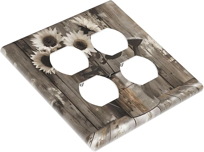 Rustic Floral Country Sunflower Daisy Old Wooden Boards Outlet Covers 2 Gang Double Duplex Decorative Light Switch Covers Electrical Wallplates Socket Faceplate for Farmhouse Home Decor