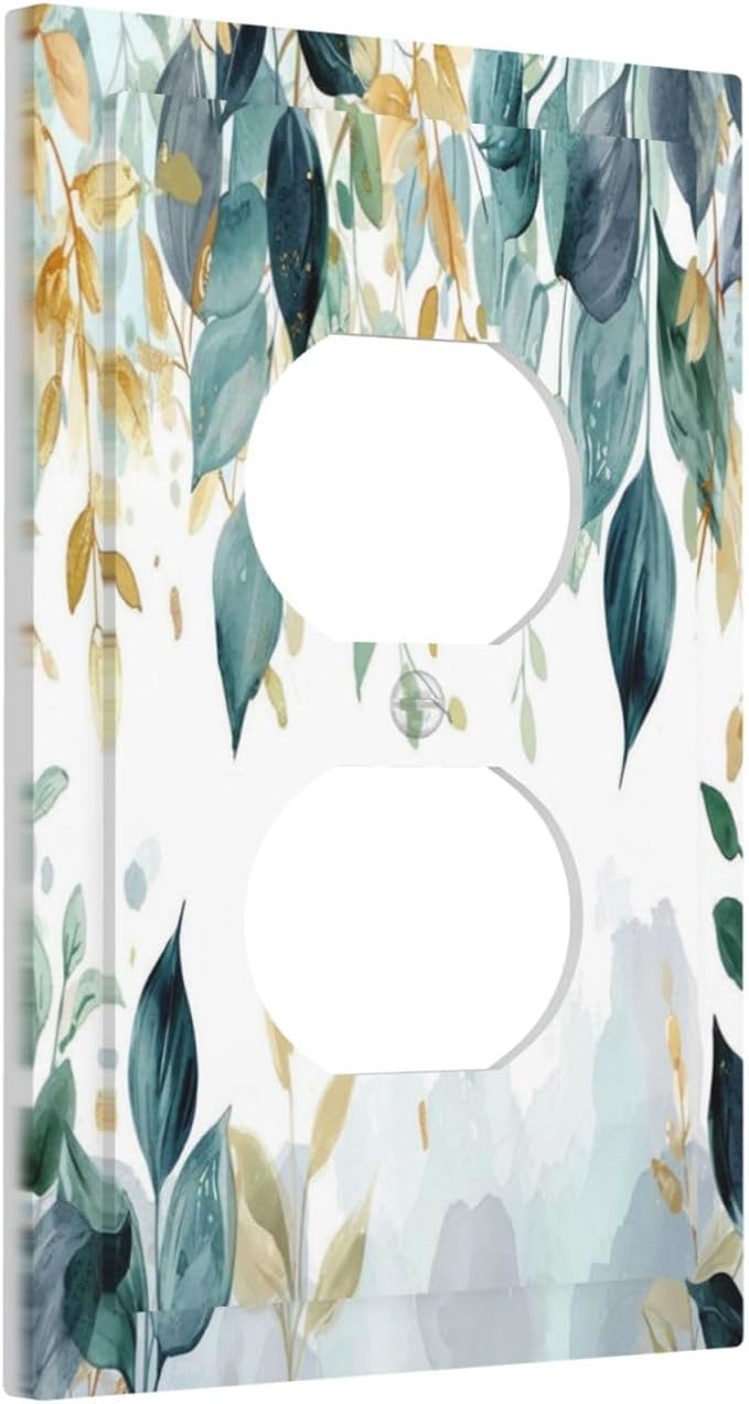 Boho Goldgreen Leaf Botanical Eucalyptus Leaves Outlet Covers 1 Gang Duplex Light Switch Cover Decorative Switch Plates Electrical Receptacle Faceplate Wall Plate for Bedroom Living Room Decor