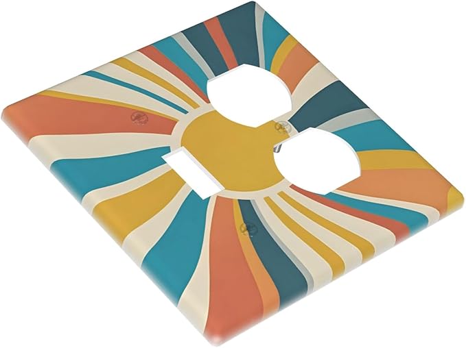 Decorative Switch Cover Plate with Retro Mid-Century Modern Sunburst Motif Design Toggle Duplex Wall Plate 2 Gang Light Switch Cover Outlet Covers for Abstract Teal/Yellow/Orange Wall Decor