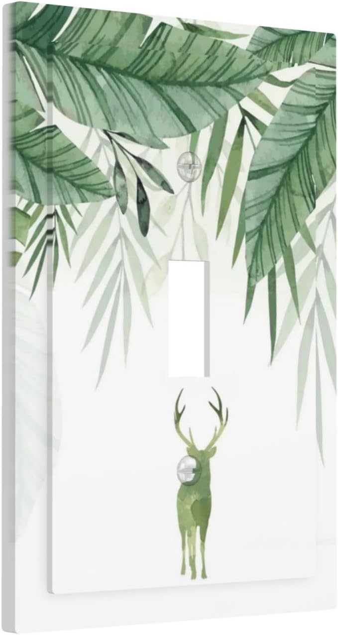 Deer Banana Leaves Palm Trees Green Plants Decorative Light Switch Cover 1 Gang Single Toggle Device Electrical Faceplate Switchplates Decorator Outlet Wall Plate for Bed Room Living Room Decor