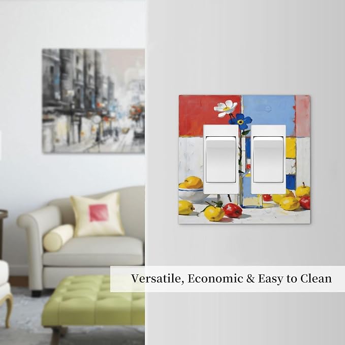 Color Block Floral Still Life Art Red Yellow Blue Abstract Decorative Outlet Covers 2 Gang Double GFCI Rocker Electrical Wall Panels Light Switch Cover Plate for Farmhouse Bedroom Decor
