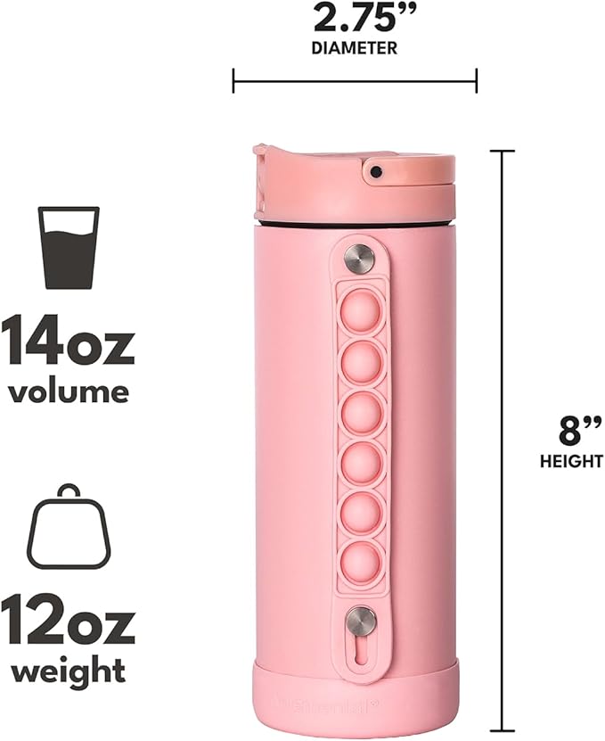 Elemental Iconic Kids Water Bottle for School - 100% Leak-Proof Insulated Water Bottles with Straw Lid & Pop-It Handle for Boys & Girls - Triple-Wall Insulated & BPA-Free, 14oz – Rose