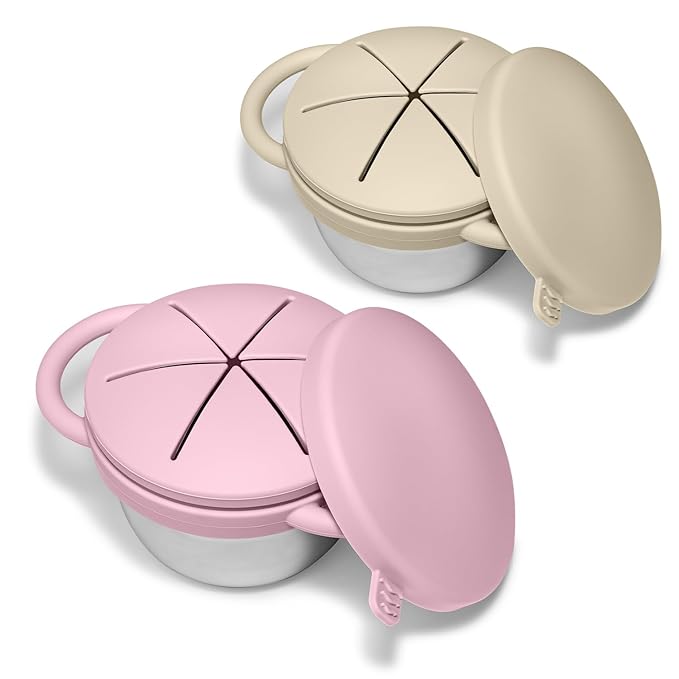 2 Pack Baby Stainless Steel Snack Containers for Kids with Spill Proof Food Grade Silicone Lids & Handles 9 OZ Baby Snack Cups No Spill Toddler Snack Box for Mess-Free Snacking