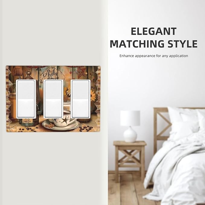 Decorative Outlet Covers Vintage Coffee Pot Star Farmhouse Wood Plank 3 Gang Wall Plate Triple Rocker Decora Light Switch Cover Plate Jumbo Electrical GFCI Switch Plate Cover