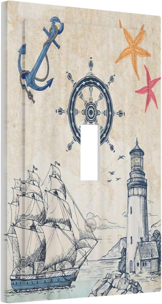 Nautical Sailboat Beach Anchor Pirate Beacon Ocean 1 Gang Light Switch Covers Decorative Single Toggle Wall Plate Switchcover Electrical Switchplate for Farmhouse Bathroom Bedroom Decor