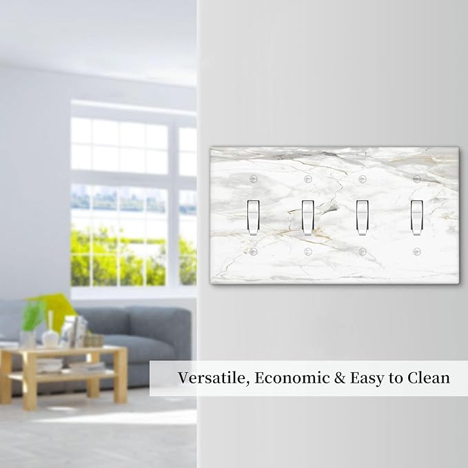 White Marbling Golden Stream Lines Print Light Switch Covers Quad Toggle Electrical Faceplate 4 Gang Wall Plate Decorative Switch Plates Cover for Bathroom Kitchen Decor