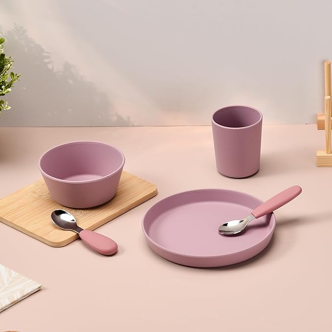 Complete tableware set, 6 pieces, water cups, dinner plates, divided dinner plates, bowls, spoons, and forks. (Purple)