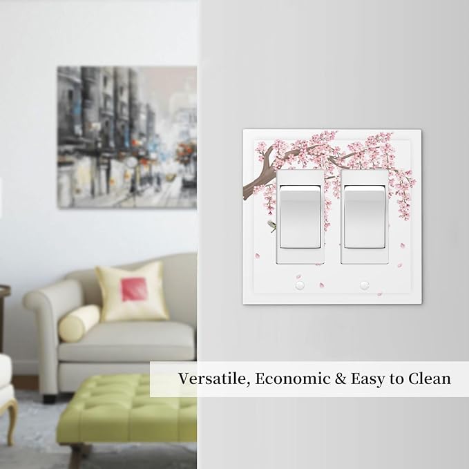 Pink Flower Tree Branch Cherry Blossom Tree Floral Birds Decorative Outlet Covers 2 Gang Double GFCI Rocker Electrical Wall Panels Light Switch Cover Plate for Bedroom Living Room Decor