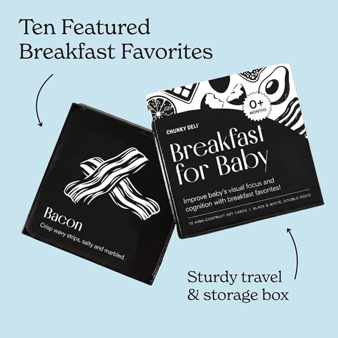 Chunky Deli Breakfast for Baby High-Contrast Art Cards Black and White Newborn Vision Tracking Flash Cards for Tummy Time Food Themed Infant Toys 0-6+ Months