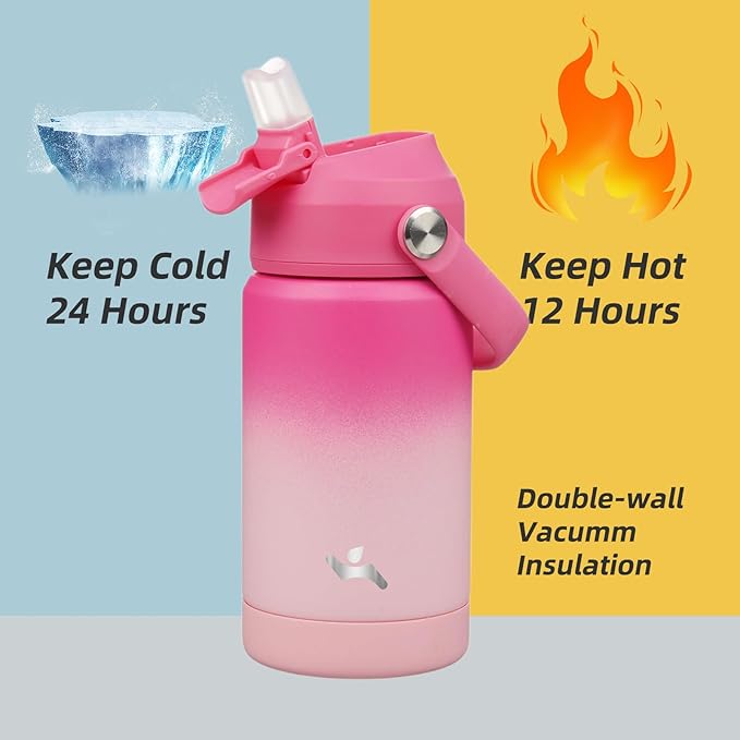 Konokyo Insulated Water Bottle with Straw Lid,12 oz Stainless Steel Vacuum Metal Bottle with Silicone Handle,Cherry Blossom