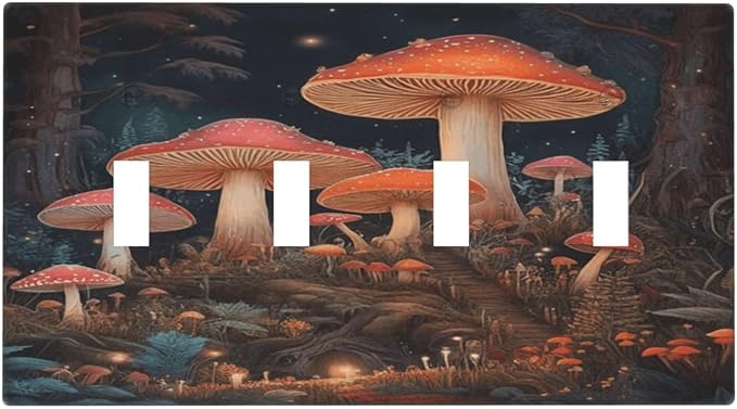 Decorative Art Light Switch Covers Enchanted Mushroom Forest Quad Toggle 4 Gang Wall Plate Switch plate Electrical Faceplate for Home Decor