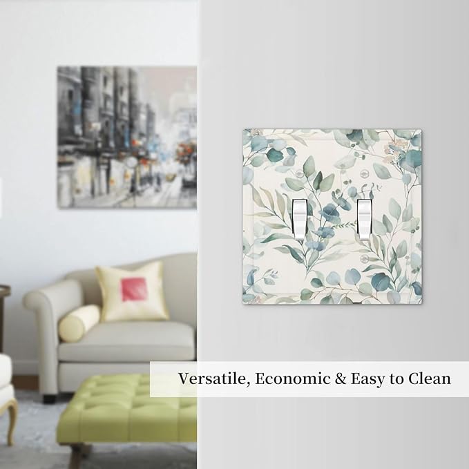 Boho Green White Eucalyptus Leaf Floral Decorative Switch Plates 2 Gang Double Toggle Outlet Light Switch Cover Wall Plate Electrical Faceplate for Farmhouse Living Room Decor